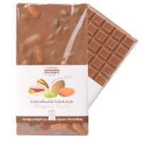 Schokoladentafel Edelvollmilch 38% Pistazie & Mandeln 100g Schokoladentafel Edelvollmilch 38% Pistazie & Mandeln 100g