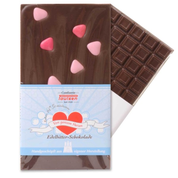 100 g handgeschöpfte Schokoladentafeln Edelbitter 60% mit Herzen