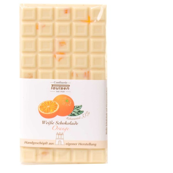 100 g handgeschöpfte weisse Schokoladentafeln 33% mit Orange