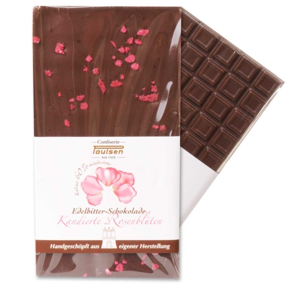 100 g handgeschöpfte Schokoladentafel Edelbitter 60% mit Rosenblüten