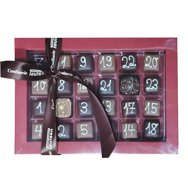 exklusiver weihnachtlicher 24er Pralinen Adventskalender aus Marzipan und Schokolade