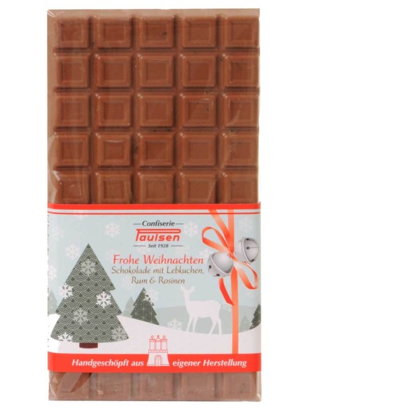 Weihnachts Schokoladentafel Edelvollmilch 38% mit Lebkuchen, Rum & Rosinen 100g